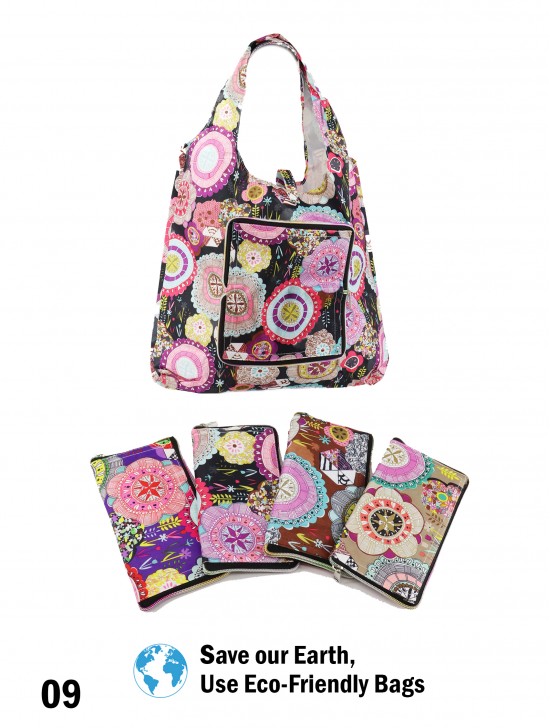 Abstract Flower Themed Reusable Foldable Shopping Bags W/ Zipper(12 pcs)